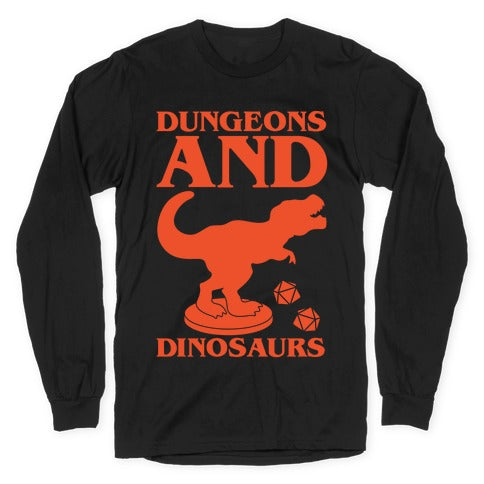 Dungeons and Dinosaurs Parody White Print Longsleeve Tee