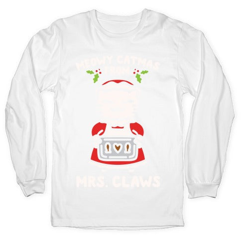 Meowy Catmas From Mrs. Claws White Print Longsleeve Tee