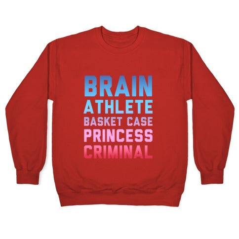 Brain, Athlete, Basket Case, Princess, Criminal (Breakfast Club) Crewneck Sweatshirt