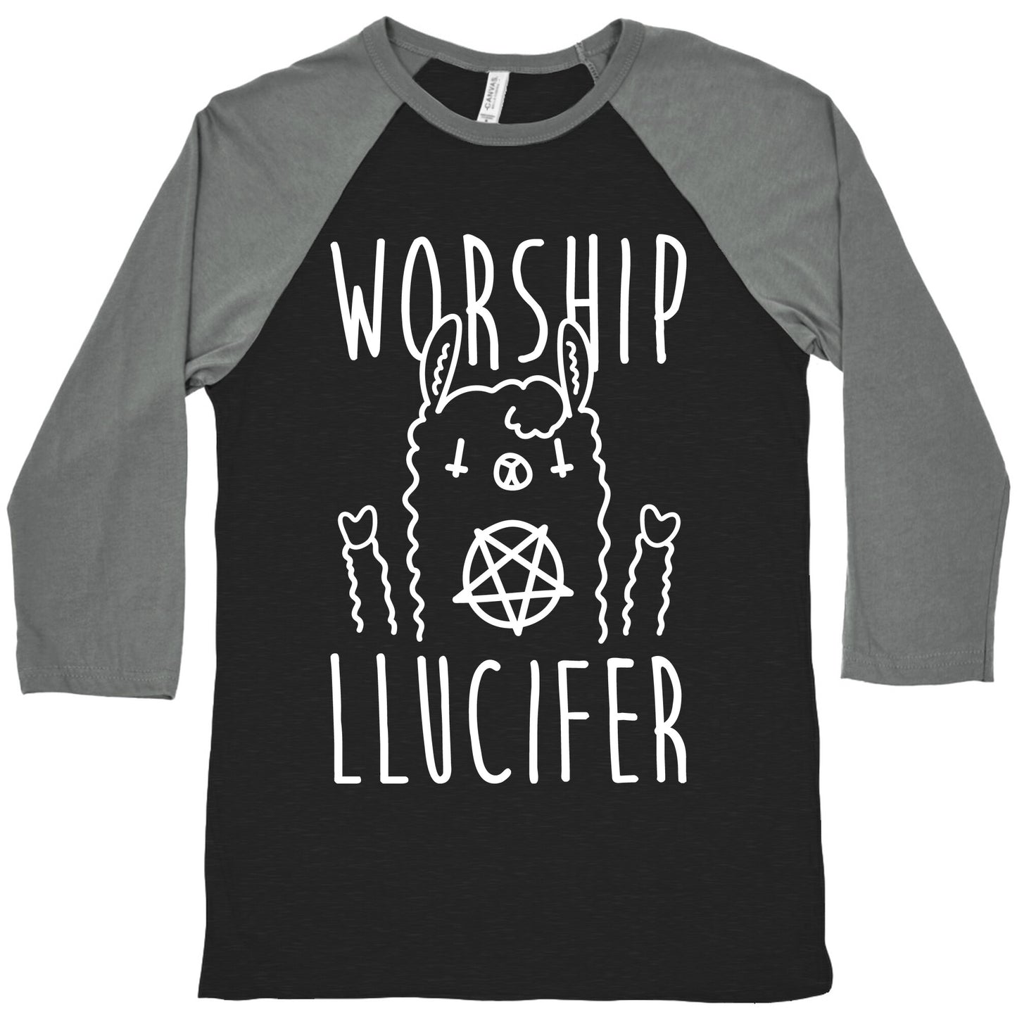 Worship Llucifer Llama (White) Baseball Tee