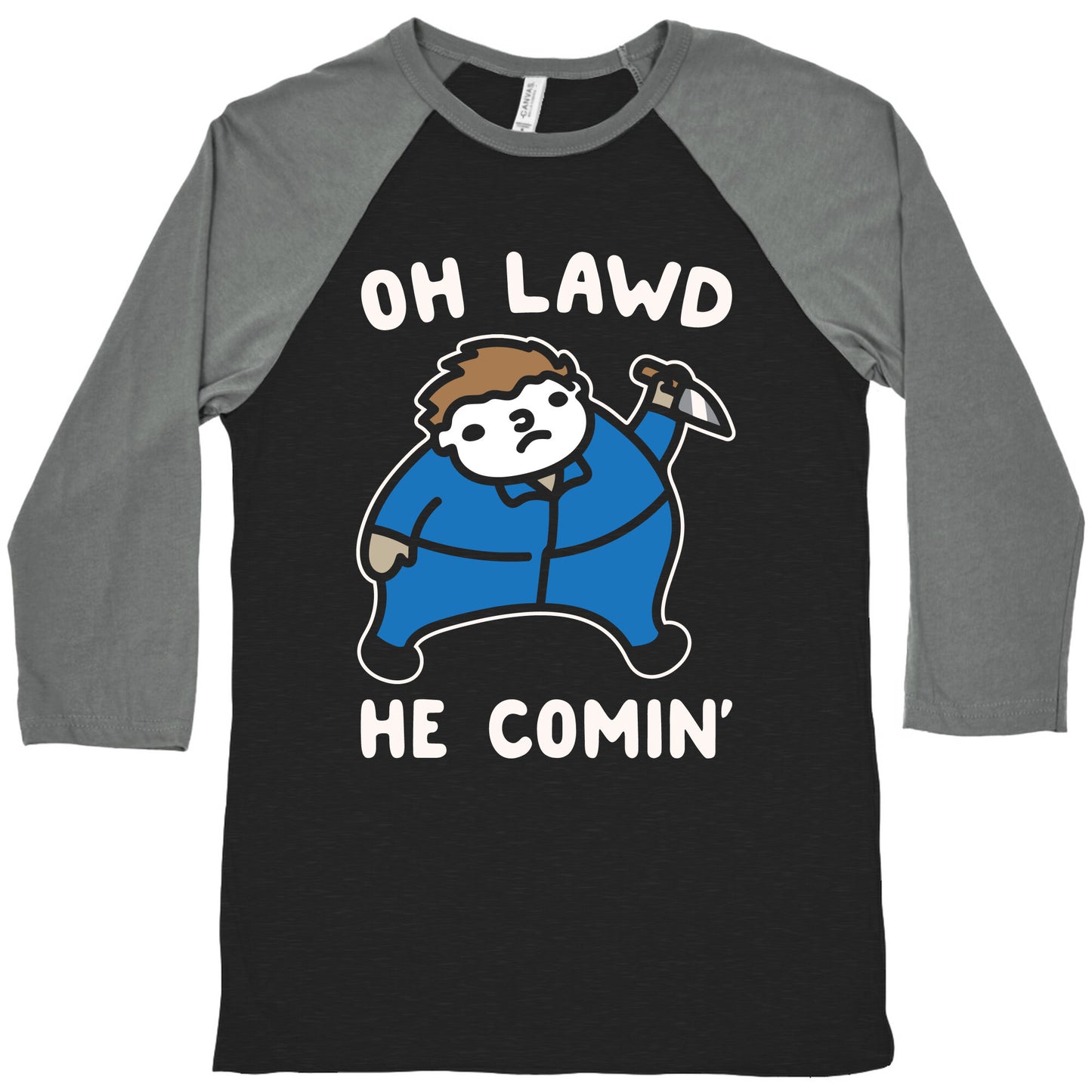 Oh Lawd He Comin' Masked Killer Parody White Print Baseball Tee
