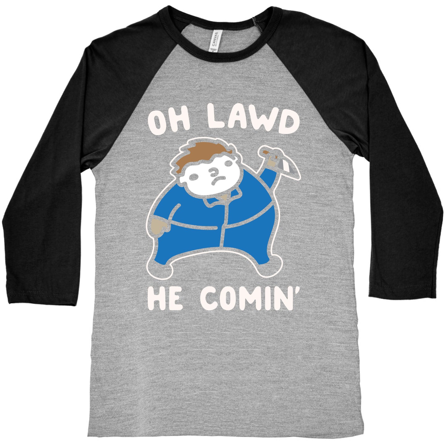 Oh Lawd He Comin' Masked Killer Parody White Print Baseball Tee