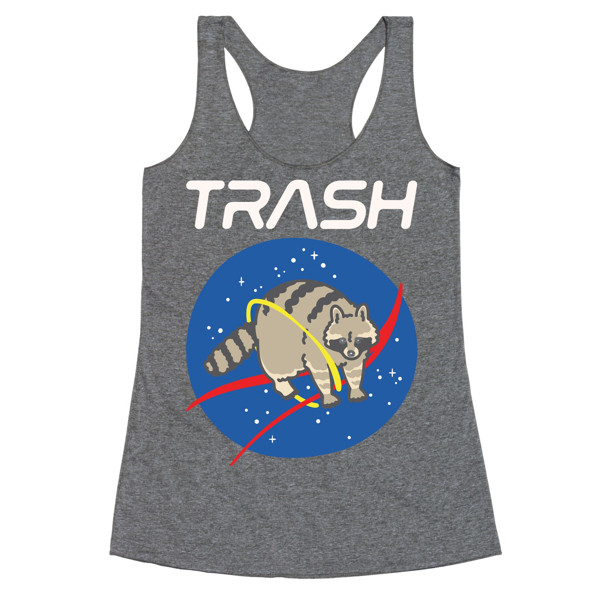 Trash Raccoon Nasa Logo Parody White Print Racerback Tank