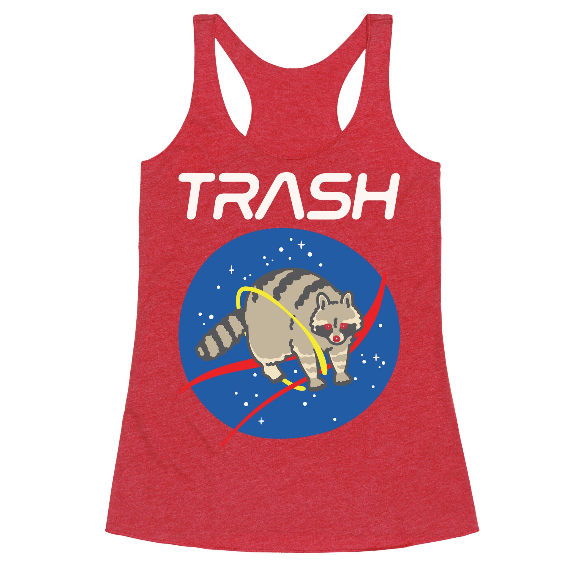 Trash Raccoon Nasa Logo Parody White Print Racerback Tank
