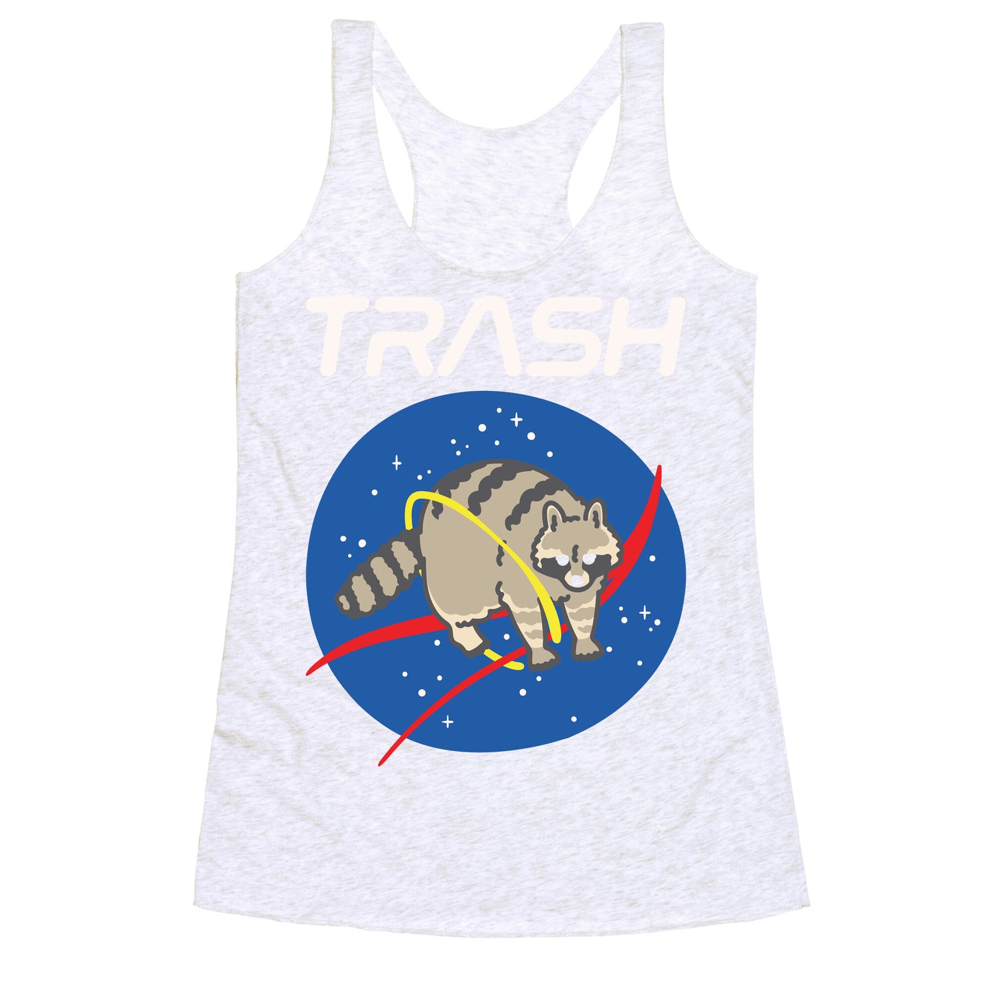 Trash Raccoon Nasa Logo Parody White Print Racerback Tank