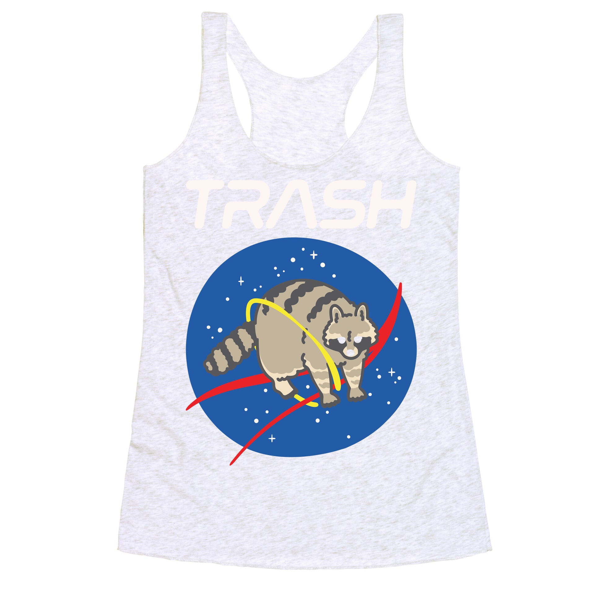 Trash Raccoon Nasa Logo Parody White Print Racerback Tank