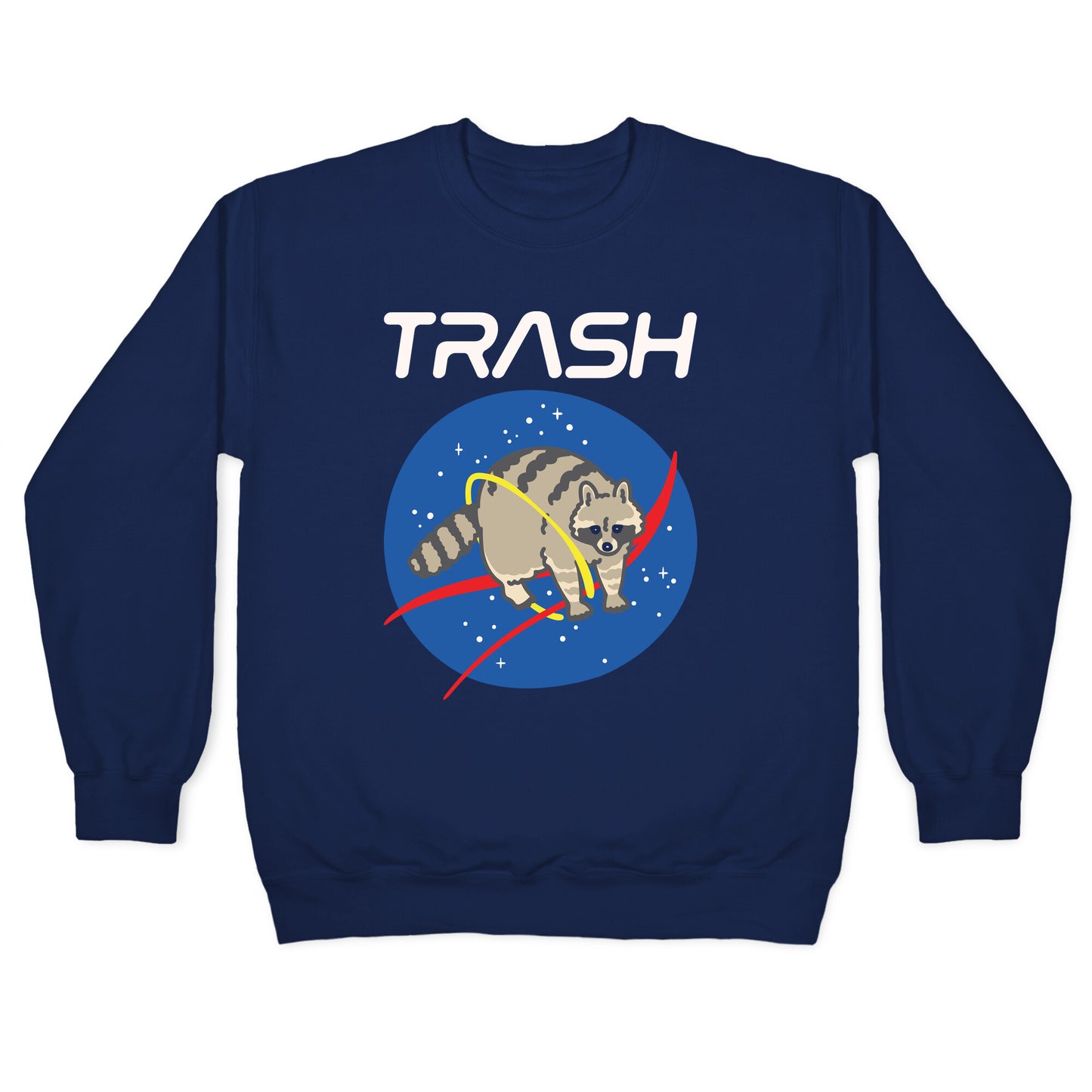 Trash Raccoon Nasa Logo Parody White Print Crewneck Sweatshirt