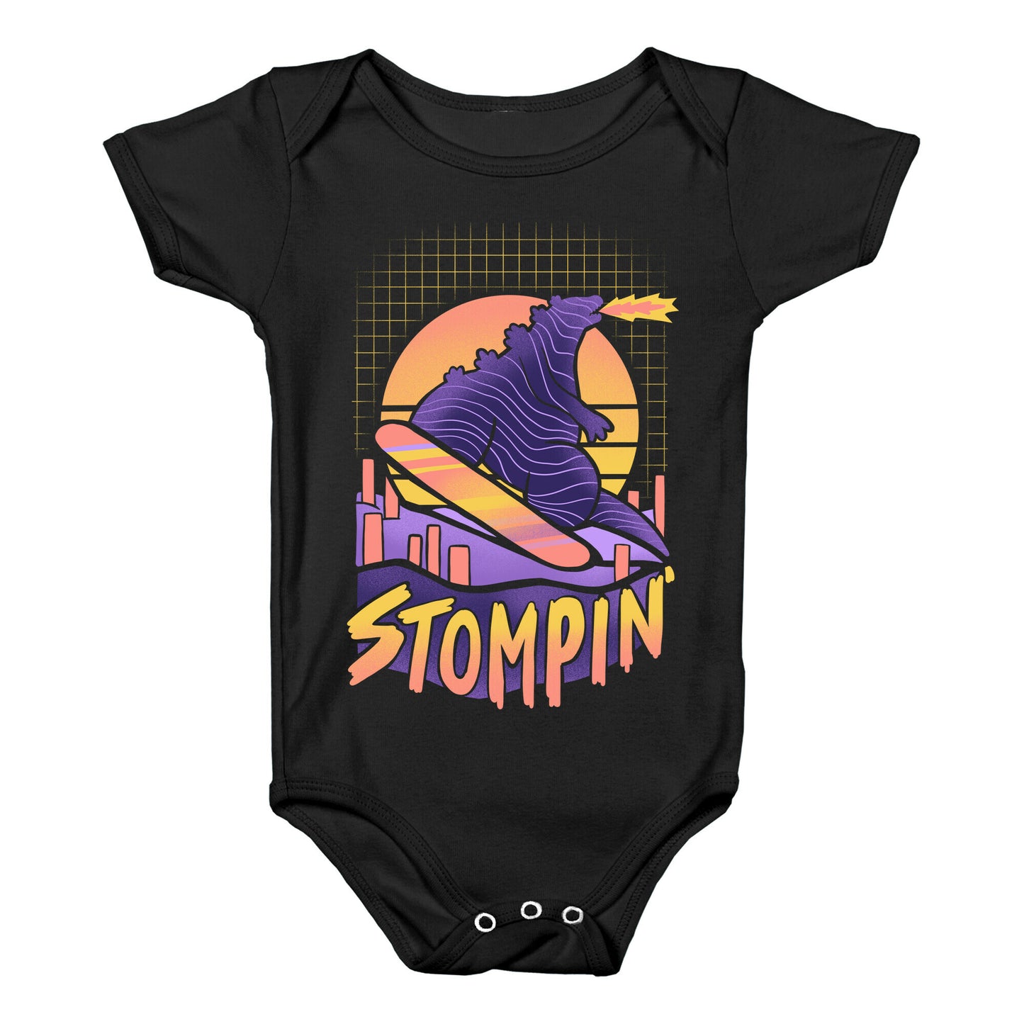 Stompin' Snowboarding Godzilla Baby One Piece