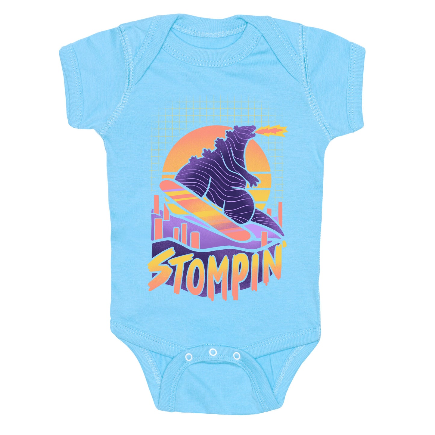 Stompin' Snowboarding Godzilla Baby One Piece
