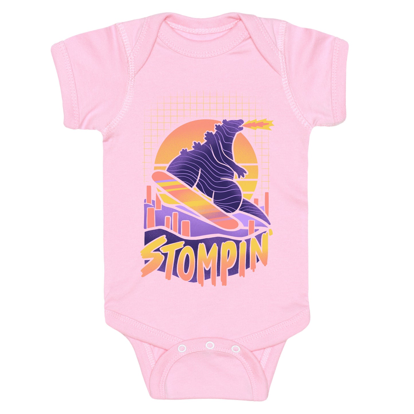 Stompin' Snowboarding Godzilla Baby One Piece