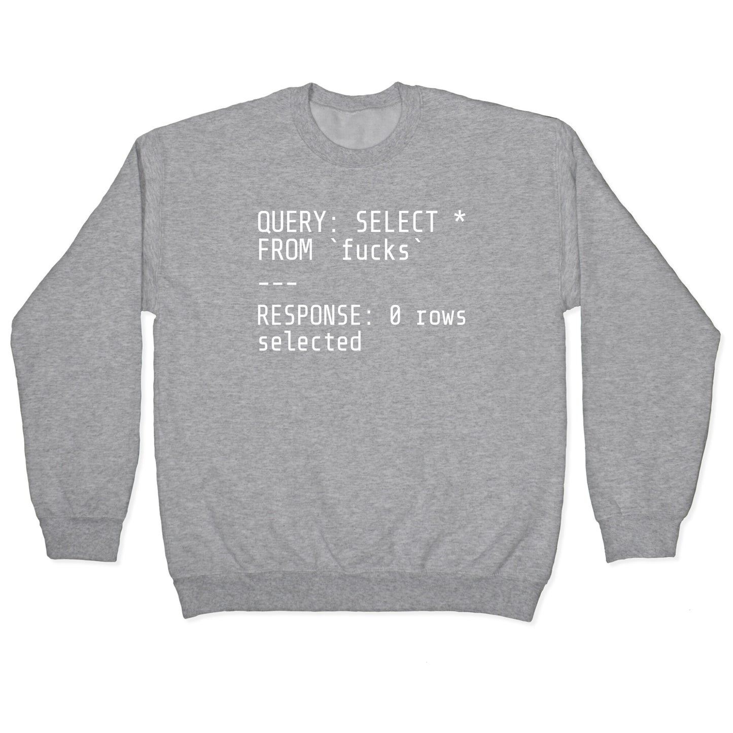 QUERY: SELECT* FROM 'fucks' -- RESPONSE: 0 rows selected Crewneck Sweatshirt