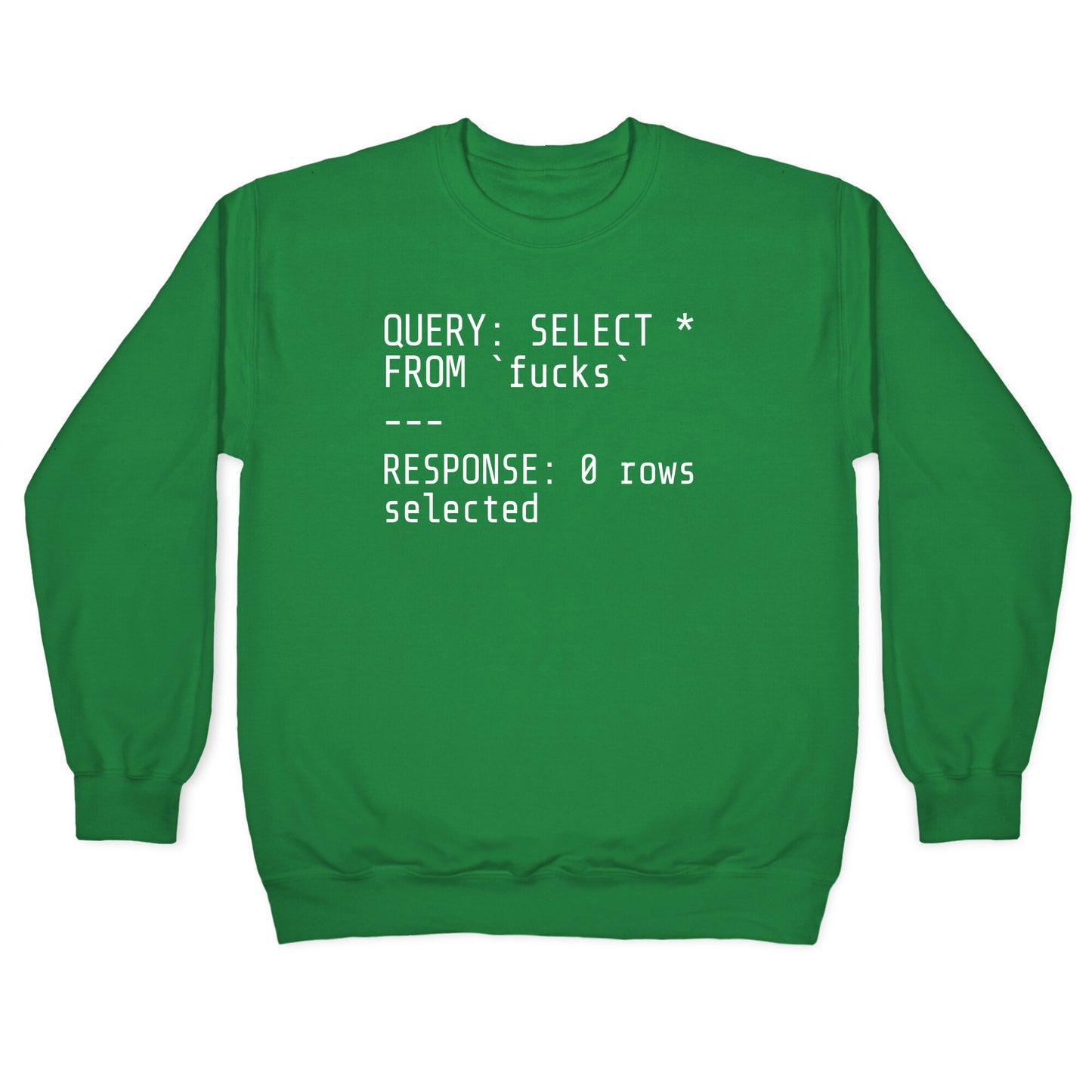 QUERY: SELECT* FROM 'fucks' -- RESPONSE: 0 rows selected Crewneck Sweatshirt