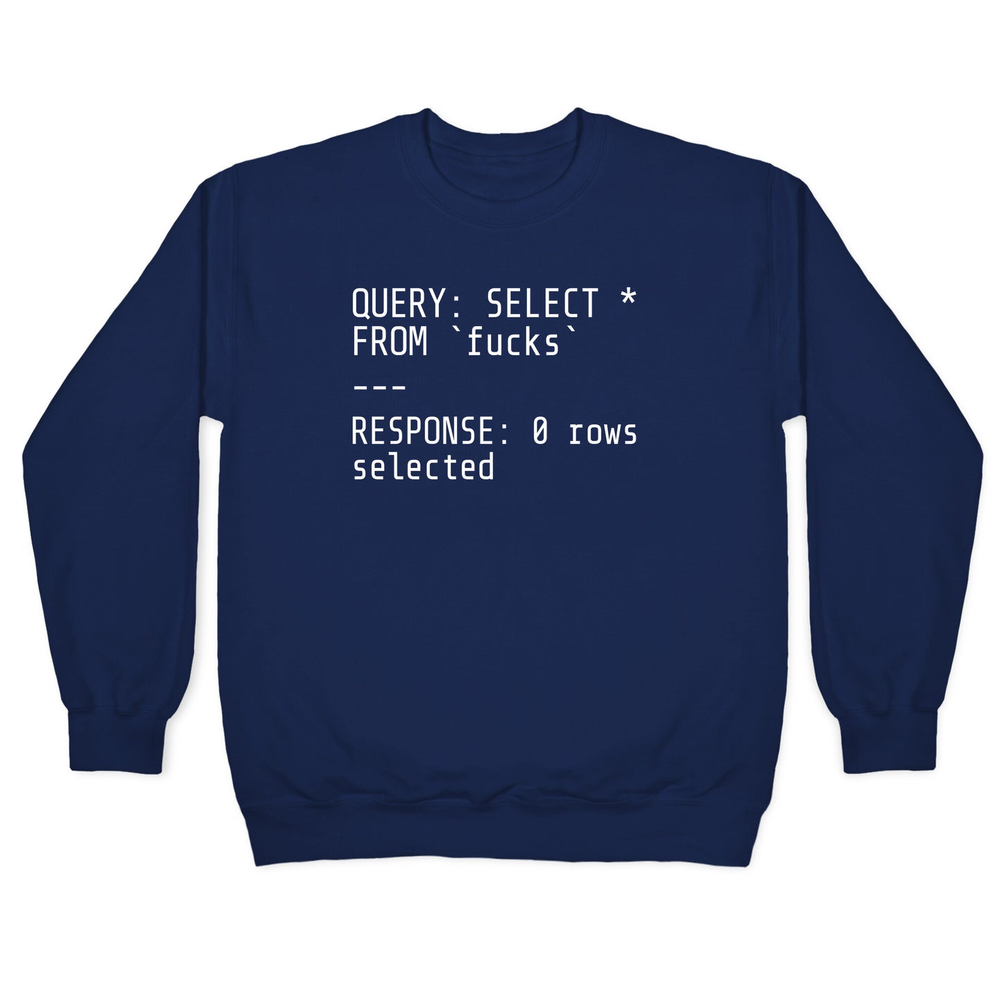 QUERY: SELECT* FROM 'fucks' -- RESPONSE: 0 rows selected Crewneck Sweatshirt
