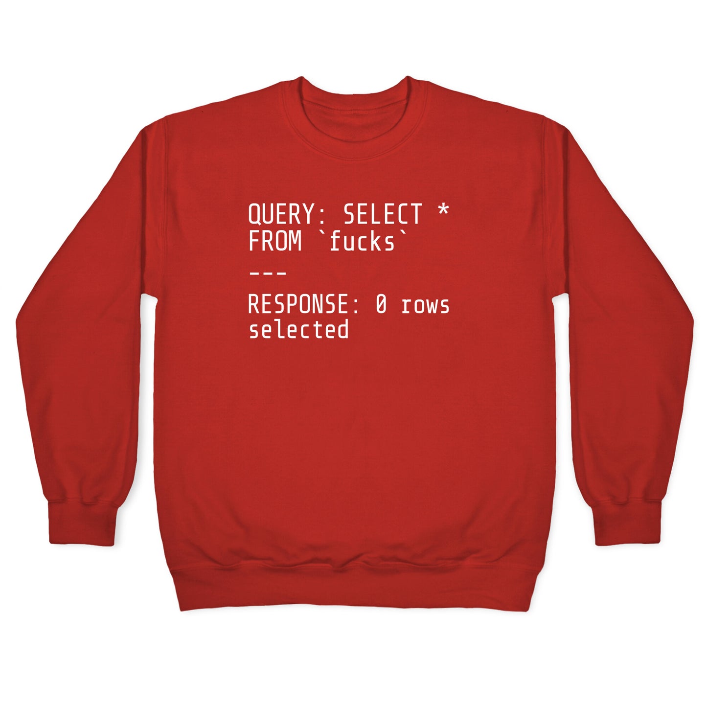 QUERY: SELECT* FROM 'fucks' -- RESPONSE: 0 rows selected Crewneck Sweatshirt