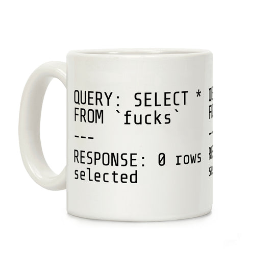 QUERY: SELECT* FROM 'F***s' -- RESPONSE: 0 rows selected Coffee Mug