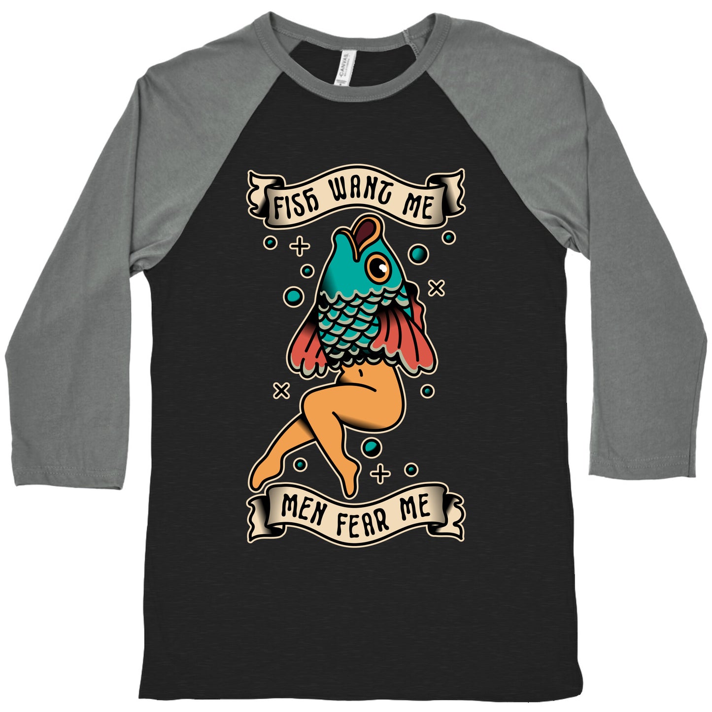Fish Want Me Men Fear Me Reverse Mermaid Baseball Tee