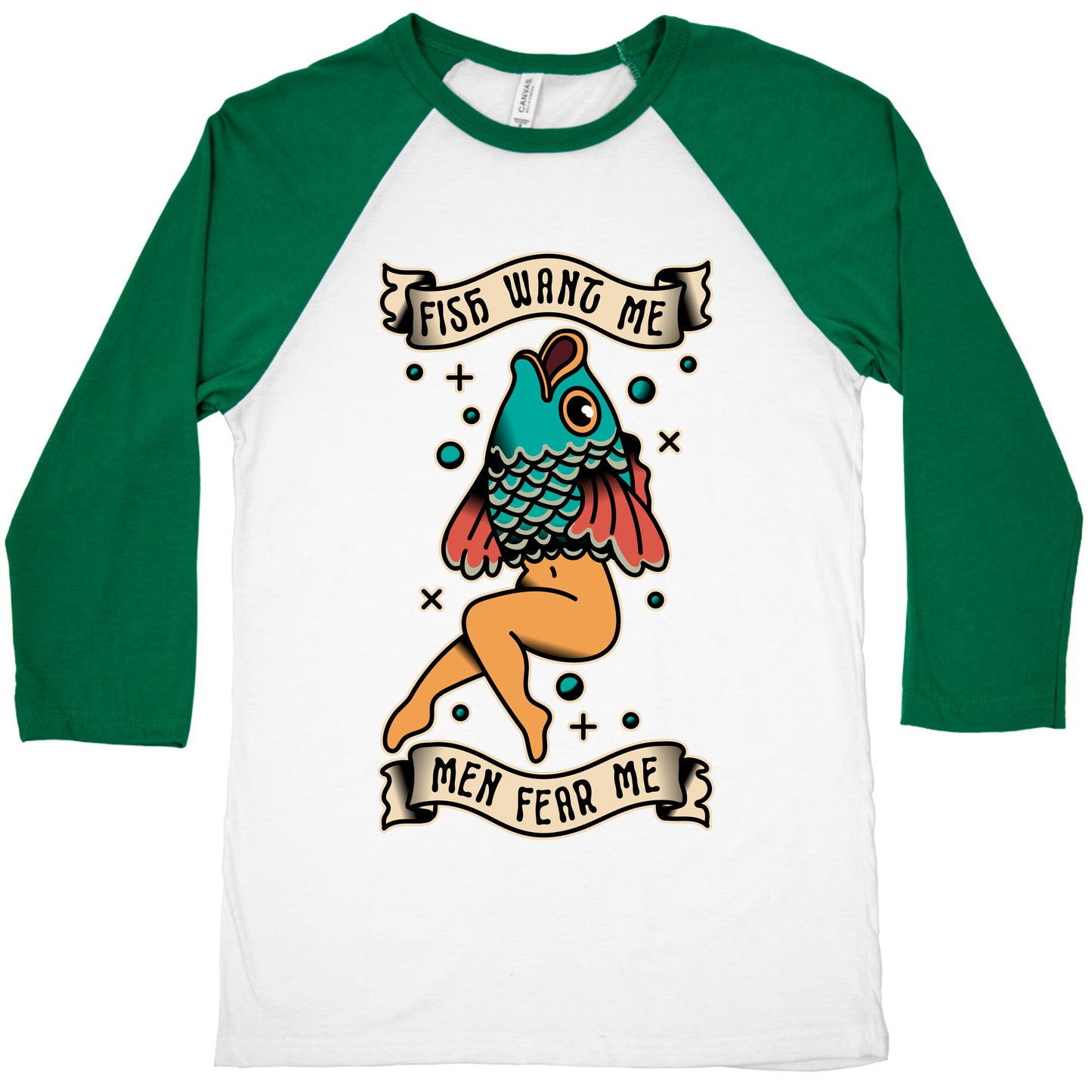 Fish Want Me Men Fear Me Reverse Mermaid Baseball Tee
