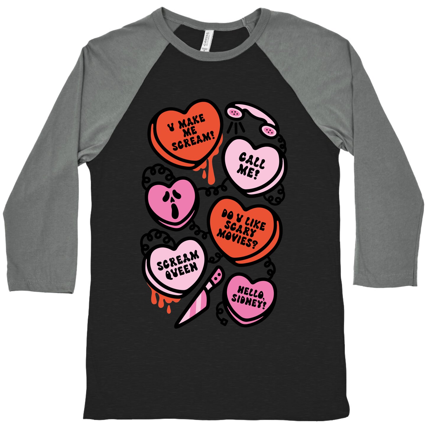Scream Queen Candy Hearts Parody Baseball Tee