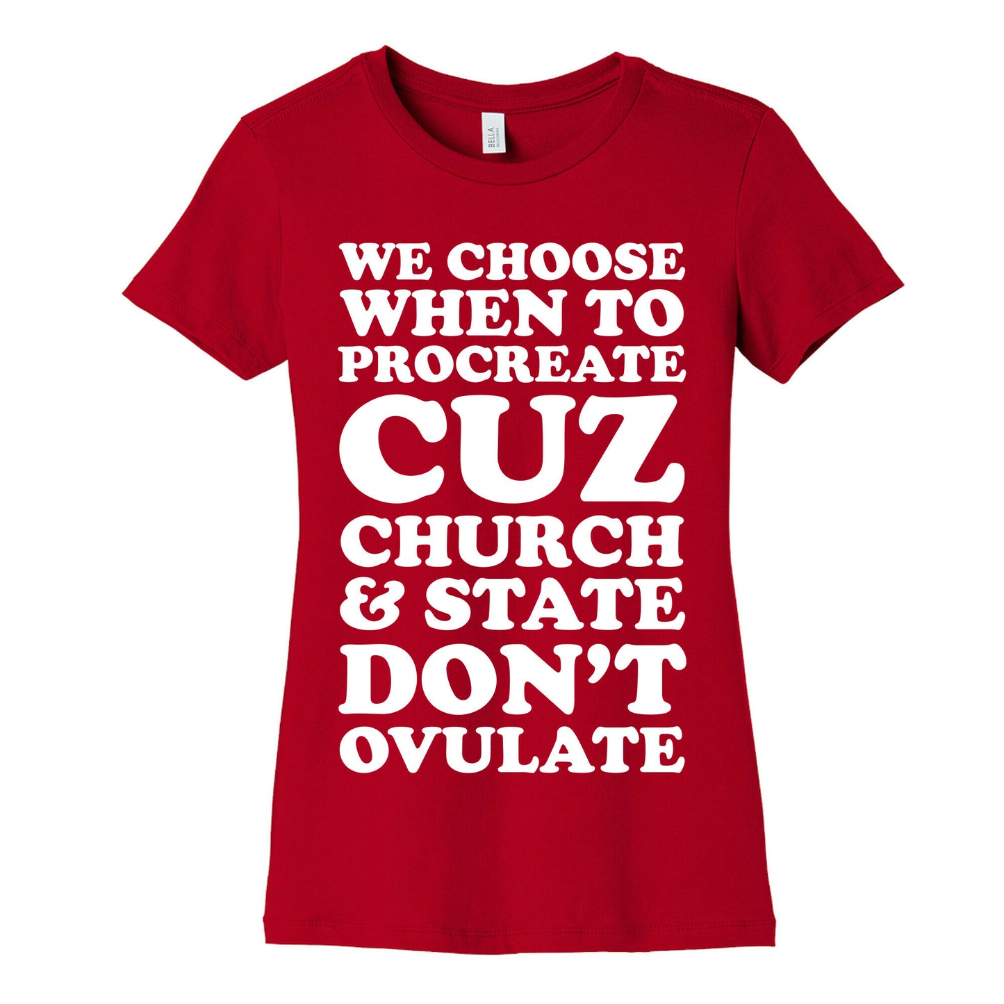 WE CHOOSE WHEN TO PROCREATE CUZ CHURCH & STATE DON'T OVULATE Women's Cotton Tee