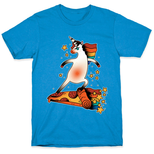 Rad Unicorn Skateboarding a Pizza Tattoo T-Shirt
