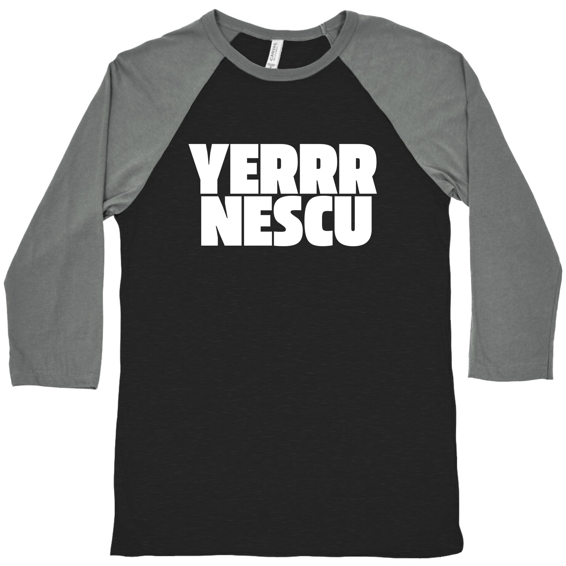 Yerrr Nescu White Text Baseball Tee
