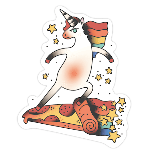Rad Unicorn Skateboarding a Pizza Tattoo Die Cut Sticker