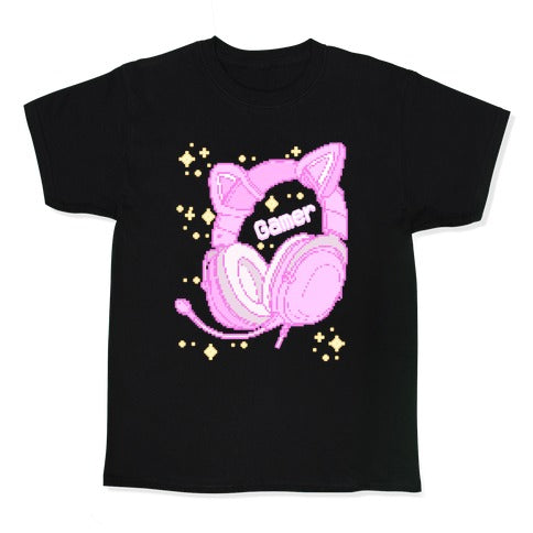 Pixel Gamer Cat Ear Headphones Kid's Tee