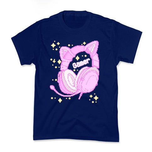 Pixel Gamer Cat Ear Headphones Kid's Tee
