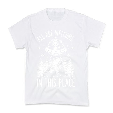 All are Welcome in this Place Bigfoot Alien Abduction Kid's Tee