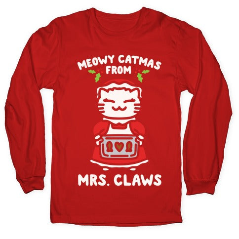 Meowy Catmas From Mrs. Claws White Print Longsleeve Tee