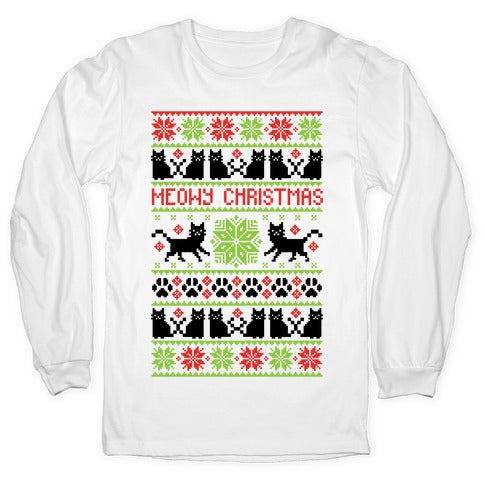 Meowy Christmas Cat Sweater Pattern Longsleeve Tee