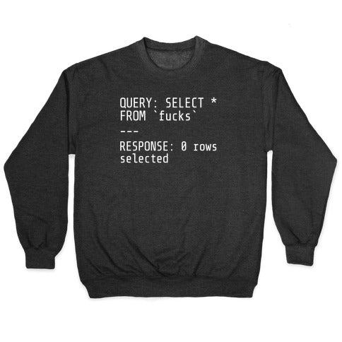 QUERY: SELECT* FROM 'fucks' -- RESPONSE: 0 rows selected Crewneck Sweatshirt