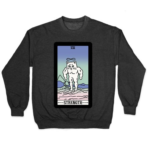 Strength Cat Meme Tarot Card White Print Crewneck Sweatshirt