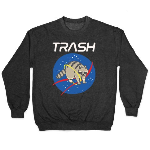 Trash Raccoon Nasa Logo Parody White Print Crewneck Sweatshirt