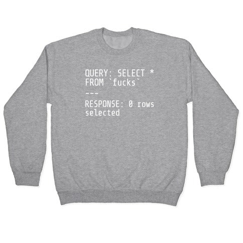 QUERY: SELECT* FROM 'fucks' -- RESPONSE: 0 rows selected Crewneck Sweatshirt