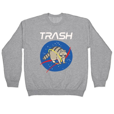 Trash Raccoon Nasa Logo Parody White Print Crewneck Sweatshirt