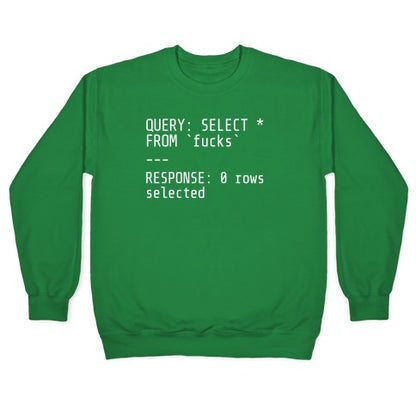 QUERY: SELECT* FROM 'fucks' -- RESPONSE: 0 rows selected Crewneck Sweatshirt