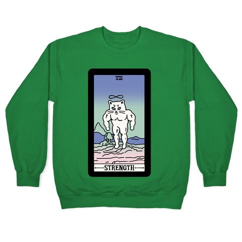 Strength Cat Meme Tarot Card White Print Crewneck Sweatshirt