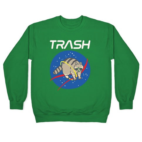 Trash Raccoon Nasa Logo Parody White Print Crewneck Sweatshirt