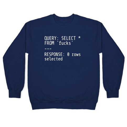 QUERY: SELECT* FROM 'fucks' -- RESPONSE: 0 rows selected Crewneck Sweatshirt