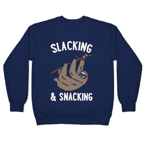 Slacking and Snacking Sloth White Print Crewneck Sweatshirt