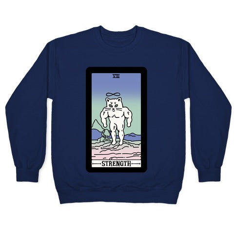 Strength Cat Meme Tarot Card White Print Crewneck Sweatshirt