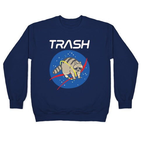 Trash Raccoon Nasa Logo Parody White Print Crewneck Sweatshirt