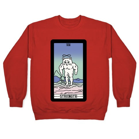 Strength Cat Meme Tarot Card White Print Crewneck Sweatshirt