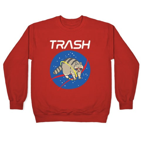 Trash Raccoon Nasa Logo Parody White Print Crewneck Sweatshirt