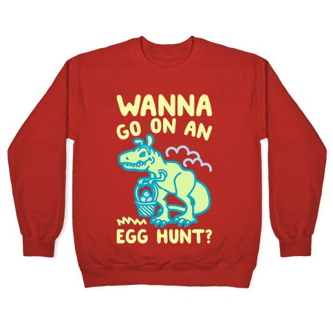 Wanna Go On An Egg Hunt T-Rex White Print Crewneck Sweatshirt