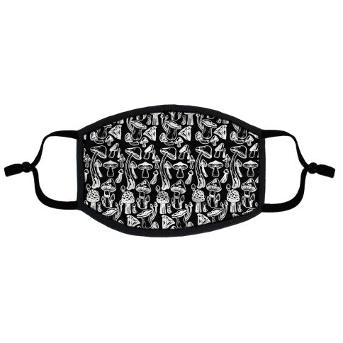 White On Black Mushroom Pattern  Flat Face Mask