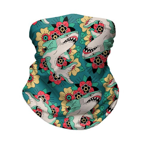 Floral Shark Traditional Tattoo Neck Gaiter