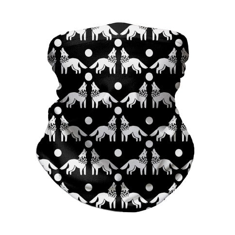 Wolves Howling at Moon Boho Pattern Black and White Neck Gaiter