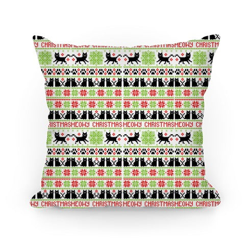 Meowy Christmas Cat Sweater Pattern Pillow